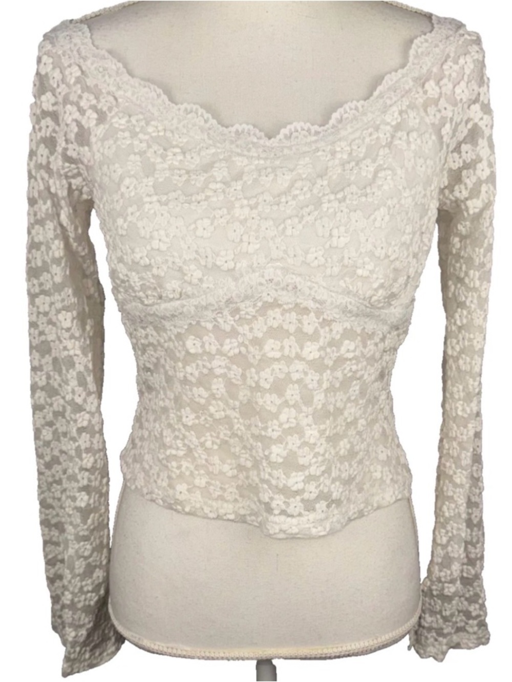 White L Floral Lace Long Sleeve Crop Top Flared Sleeve‎ Floral Coquette Cottage